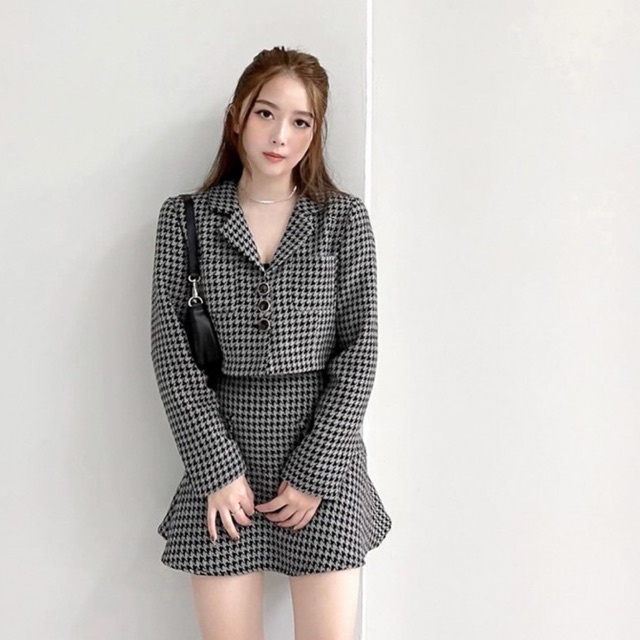 Áo khoác vest crop caro xám tingoan JESSICA JACKET/GR