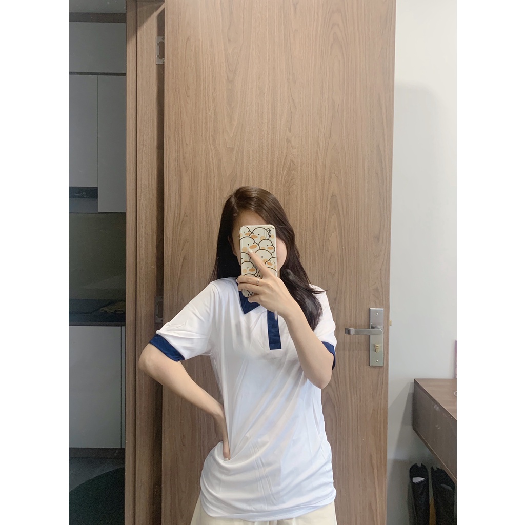 Áo thun👕 trơn cổ bẻ xanh than cộc tay