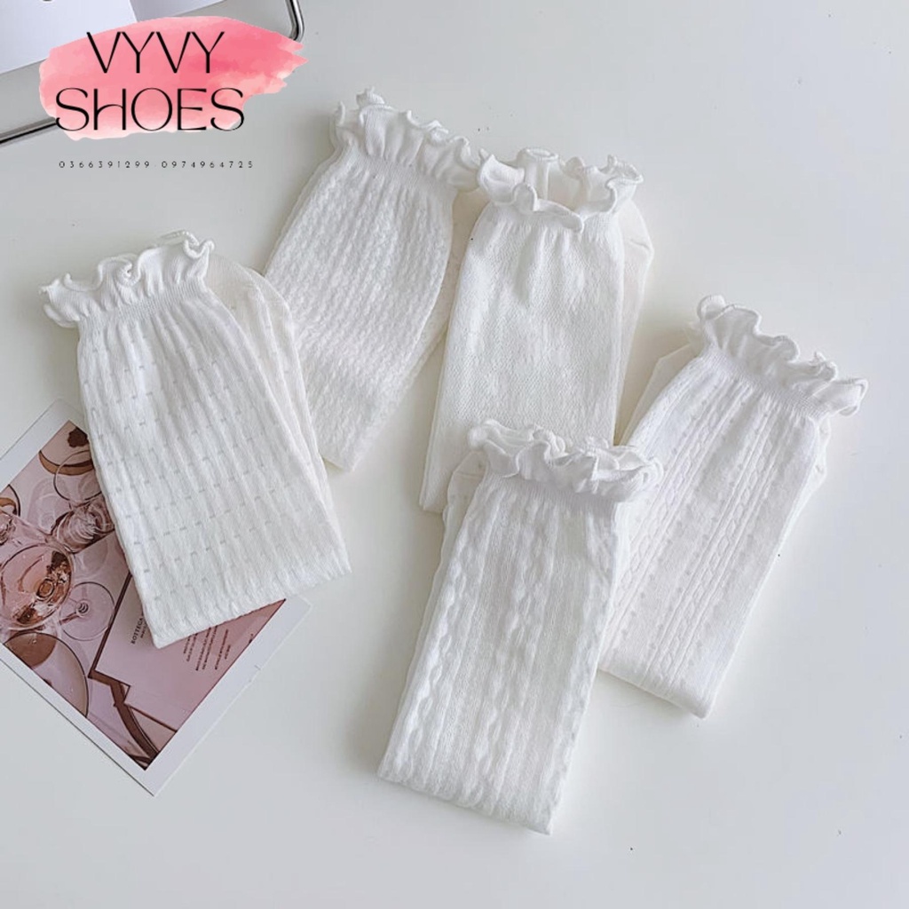 Tất Ren Lolita nữ, sét tất vớ nữ cổ bèo Littlepretty trắng, thêu họa tiết dễ thương