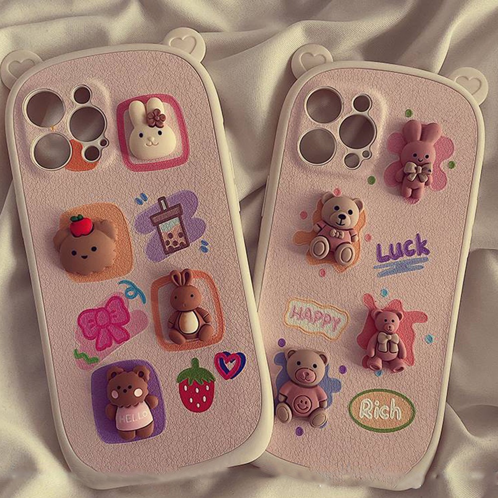 3D Ear Bunny Bear Toy Phone Case for IPhone 11 Case 7Plus 8Plus XR 13 12 Pro Max Scratch Proof Soft Faux Leather Back Shell | BigBuy360 - bigbuy360.vn