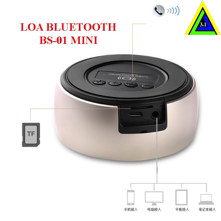 Loa bluetooth BS01,Vỏ Kim Loại, Bass Hay, Có Móc Treo Tiện Lợi, Có Khe Cắm Thẻ Nhớ, Cổng 3.5