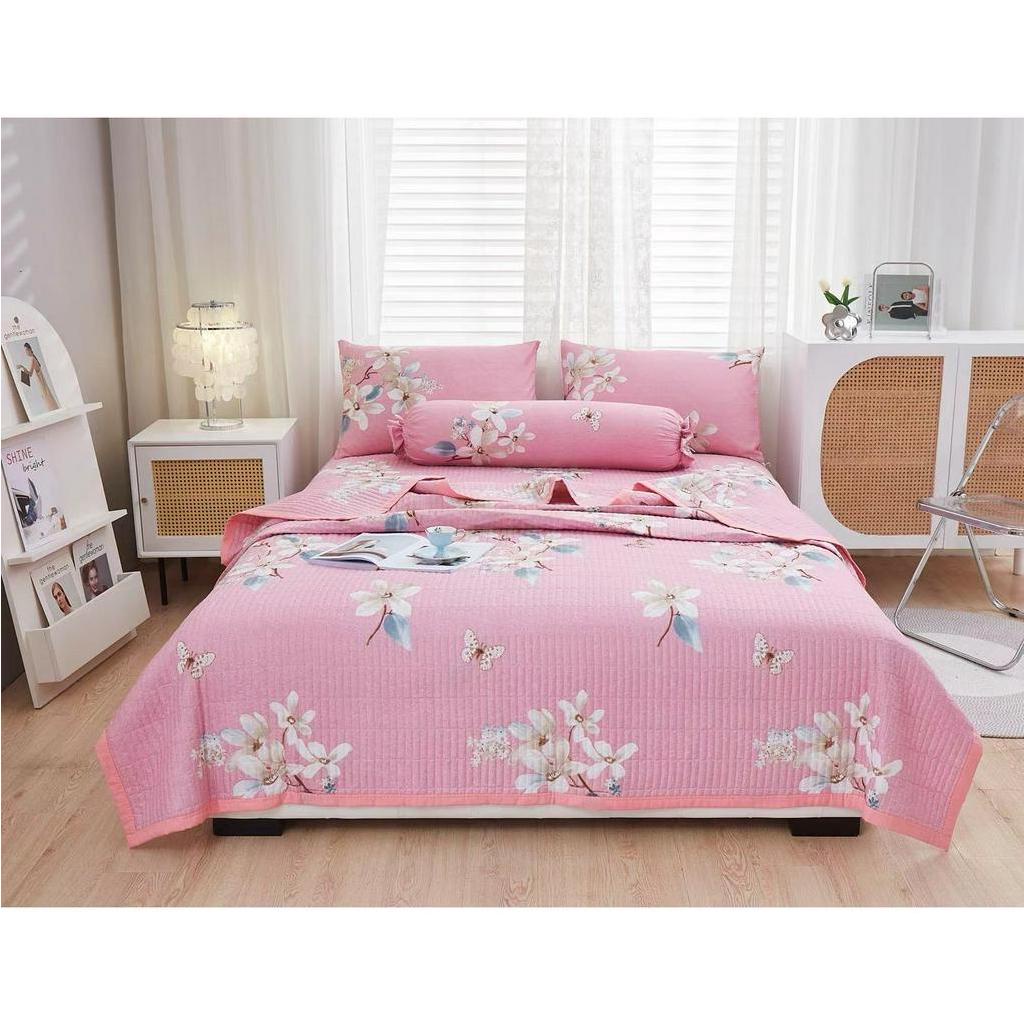 bộ chăn ga gối 5 món cotton đũi nhập khẩu cao cấp set 5 món cotton đũi chần bông bo chun mẫu kẻ hoa mềm mịn thoáng mát