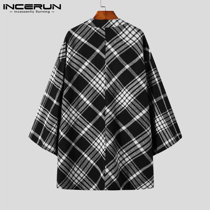 Áo cardigan len rộng INCERUN tay dài kẻ ô lưới mùa đông Nhật Bản cho nam