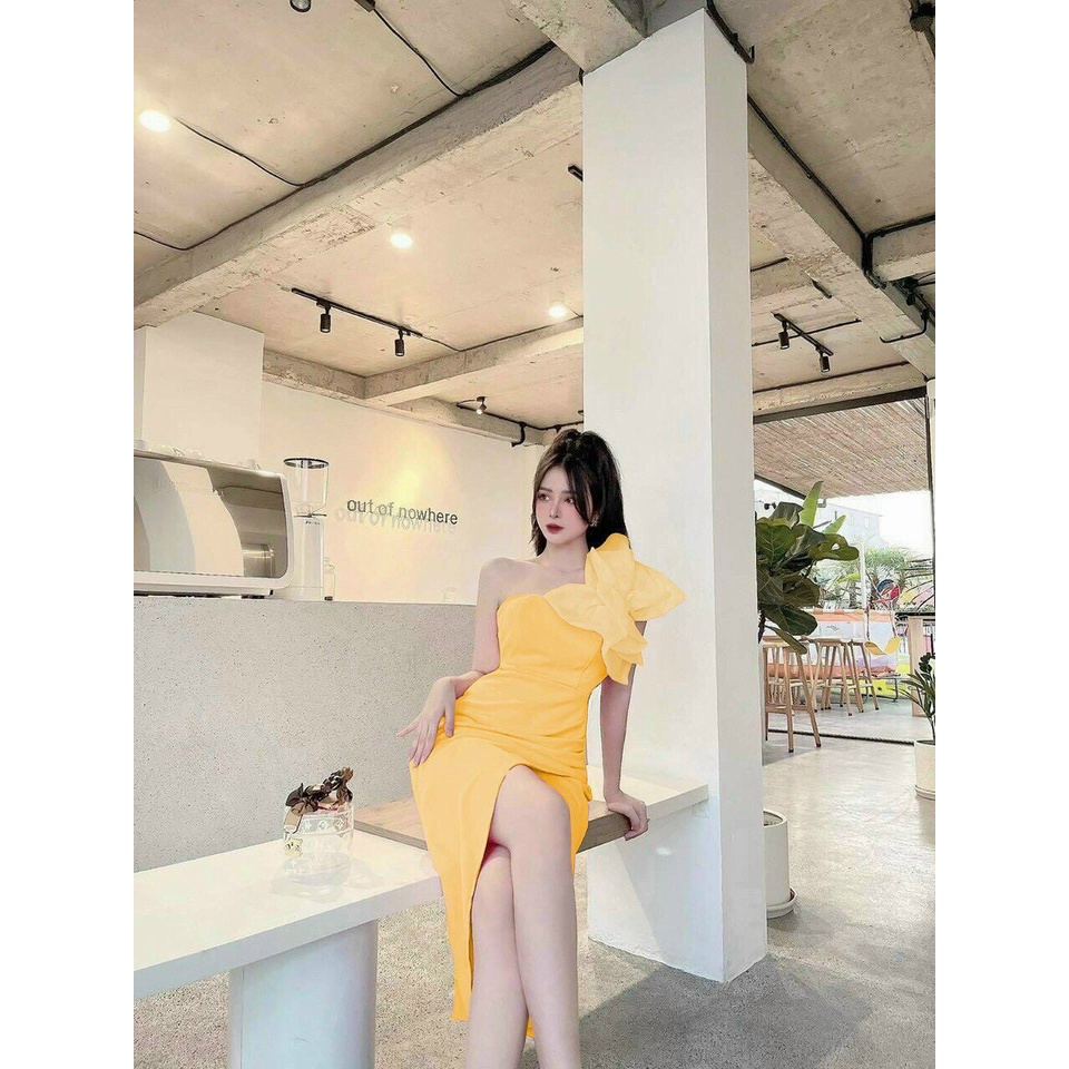 Đầm công chúa xẻ tà điệu đà hở vai phối nơ lệch bên vai cực kì sang trọng thanh lịch 4 màu phong cách thời trang