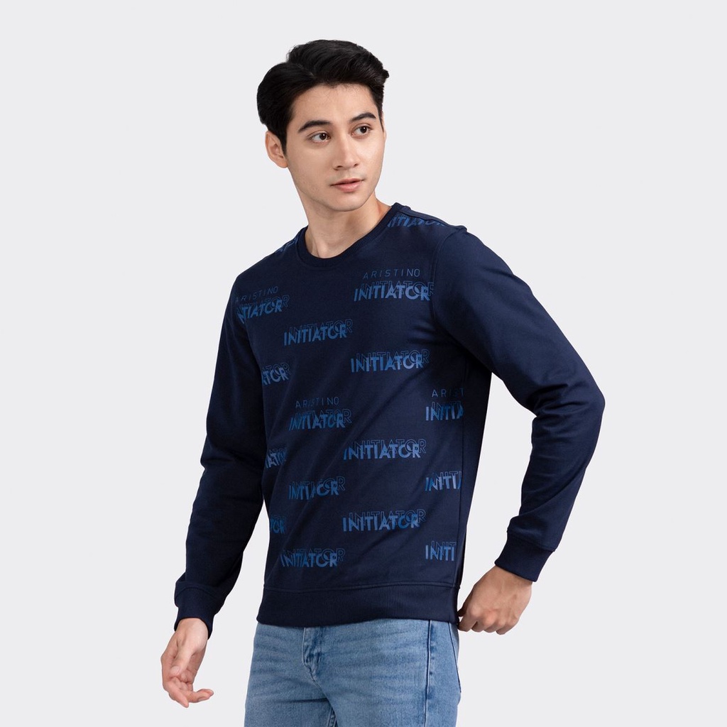 Áo thun nam dài tay Aristino ASW008W2 T-shirt Thu Đông In Họa Tiết Chữ Vải Cotton dáng Regular Fit Cổ Tròn Bo Tay Gấu