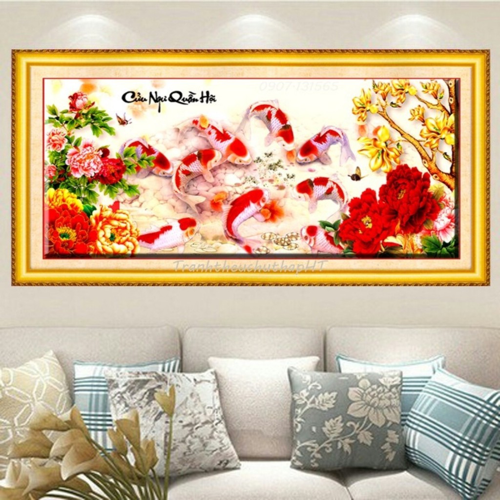 Tranh thêu chữ thập 3D Cửu ngư quần hội 127*55cm LV3274 - tự thêu