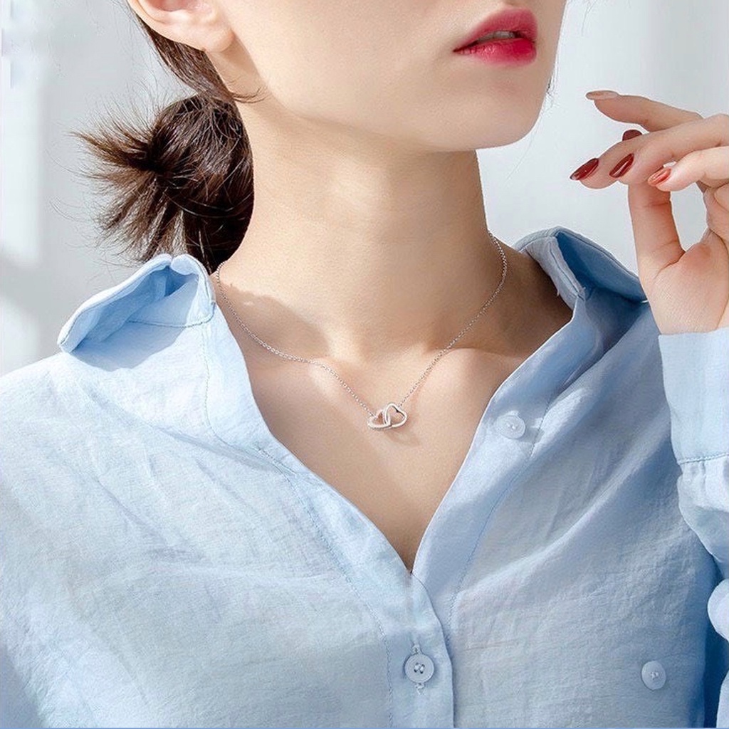 Dây chuyền nữ bạc ta PANSY mặt hai trái tim đan nhau, vòng cổ nữ bạc 925 vĩnh cửu