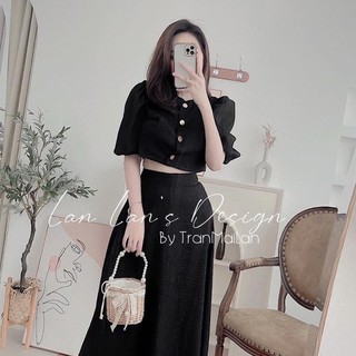 Set váy đũi xốp cúc tay bồng zúm, Set áo croptop tay bồng mix chân váy dài - HY18