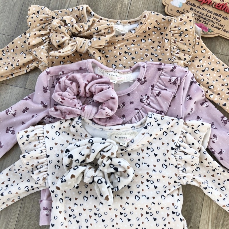 Bộ nỉ nhung BTWEEN bé gái xuất dư mềm mại màu hồng vàng