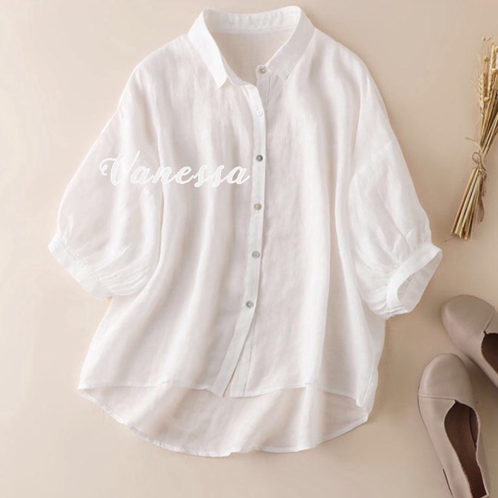 Áo sơ mi nữ kiểu tay lỡ cổ đức form rộng Vanessa Stylish chất liệu đũi tơ mềm mát mịn SMH.38