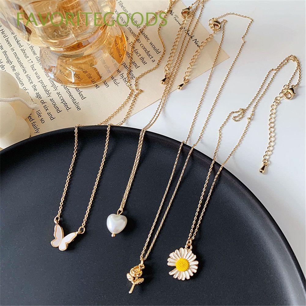 vòng cổ Choker Mặt Hình Hoa Cúc / Bướm / Hoa Hồng / Ngọc Trai Giả Bằng Hợp Kim Thời Trang