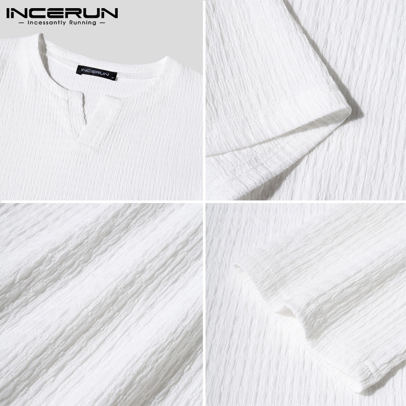 Áo kiểu chui đầu INCERUN tay dài cổ V màu trơn phong cách Hàn Quốc thời trang cho nam