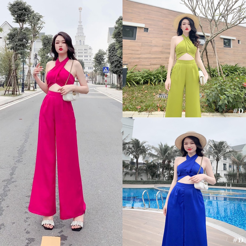 Set bộ bra cổ yếm mix quần ống rộng đi biển SL702