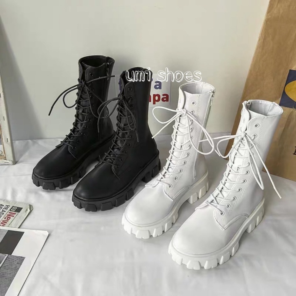 Boot ulzzang cao cổ 20cm buộc dây kéo khóa đế cao 5.5cm màu đen/trắng cá tính đẹp mới xinh thời trang