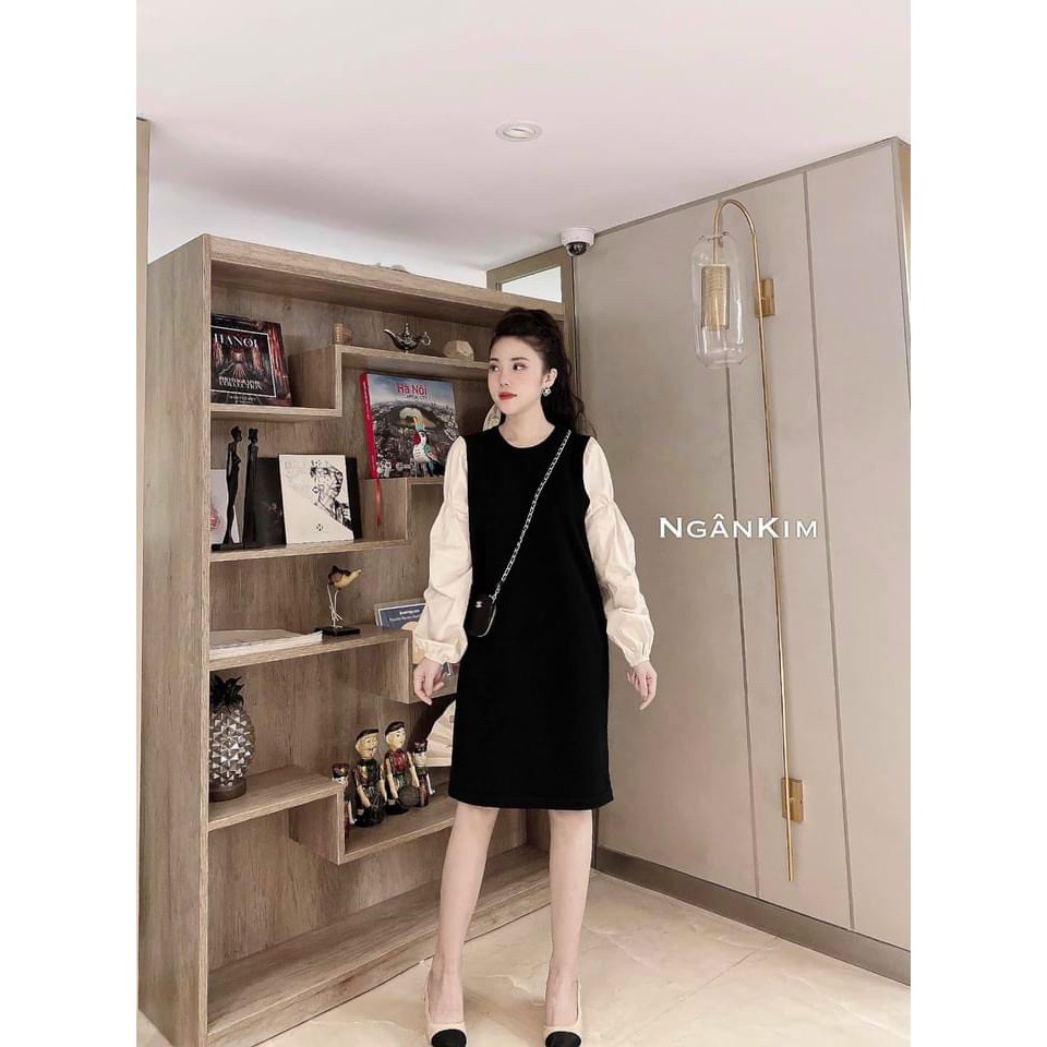 Đầm suông nữ phối tay trơn vai bồng 2 màu chất đẹp