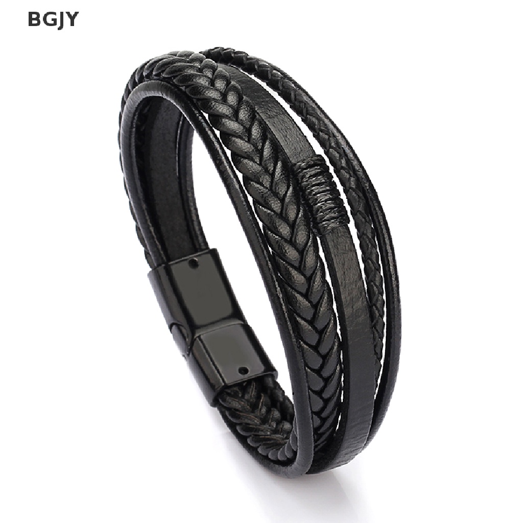 BGJY Trendy Leather Bracelets Men Stainless Steel Multilayer Braided Rope Bracelets NEW