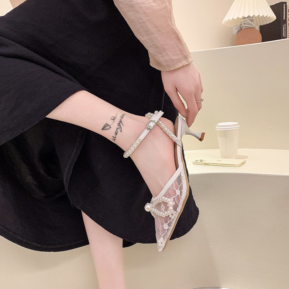 SẴN TRẮNG 40 GIÀY CAO GÓT 6CM LƯỚI MŨI NHỌN ĐÍNH NGỌC