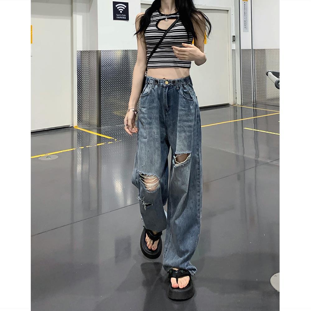 Quần jeans Rách Ống Rộng Lưng Cao Phong Cách retro