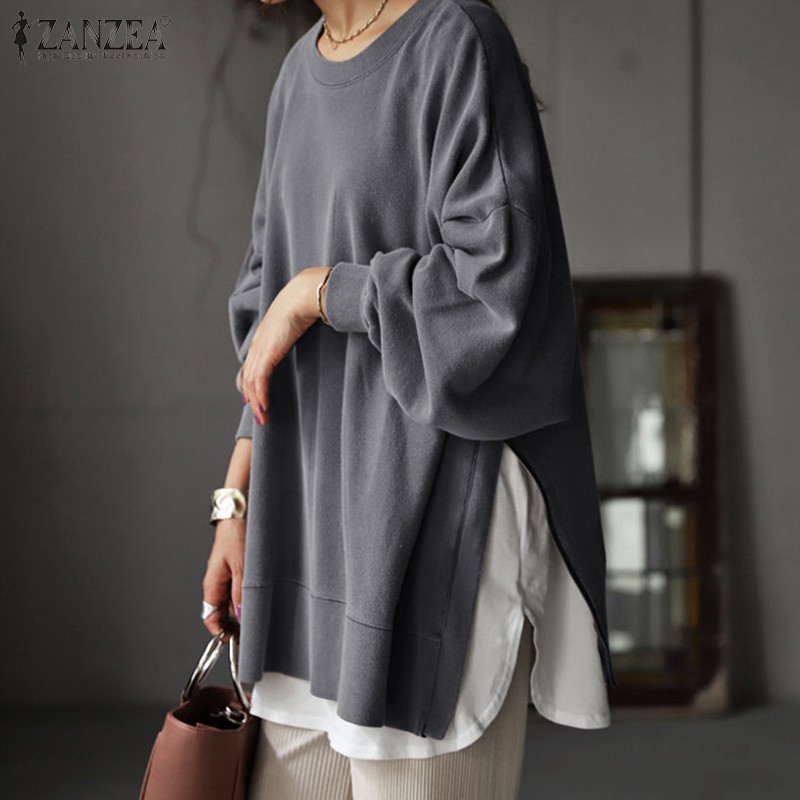 ZANZEA Áo sweatshirt cổ tròn tay dài và phồng xẻ tà thời trang cho nữ