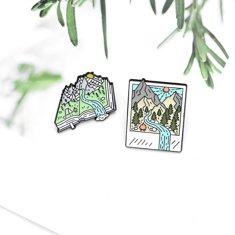 Snow mountain photo brooch forest sun badge Alaska landscape pin adventure jewelry nature lover gift travel accessory Brooches