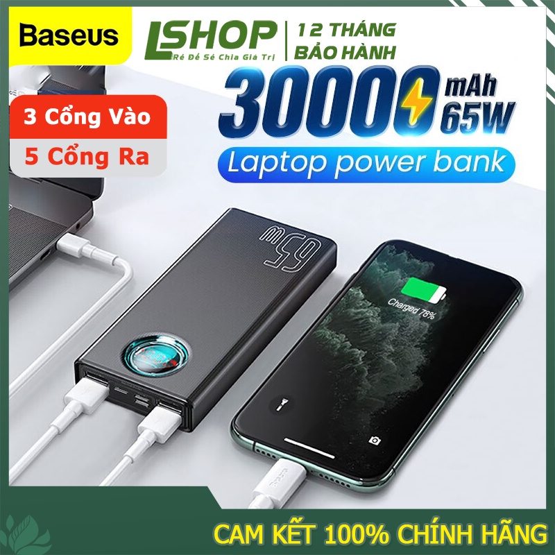 Trạm sạc dự phòng Baseus 65W 30000mAh 5 cổng sạc nhanh PD QC cho Laptop, Smartphone - PP bởi LSHOP