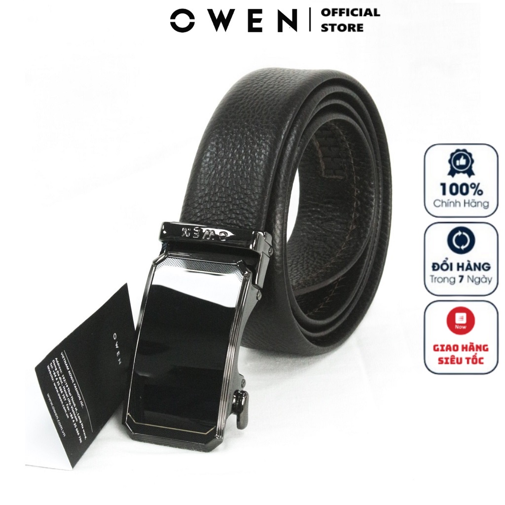 Thắt Lưng Nam Owen BELT220596 Dây Da Bò Thật Cao Cấp Nịt Nam Màu Nâu Mặt Hợp Kim Đúc Nguyên Khối Khóa Trượt Tự Động