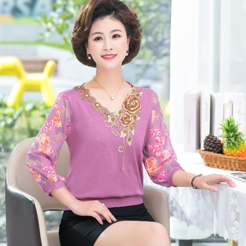 Mẹ trung niên mùa xuân đan áo len nhỏ của phụ nữ trung niên và cao tuổi tay áo sợi áo thun