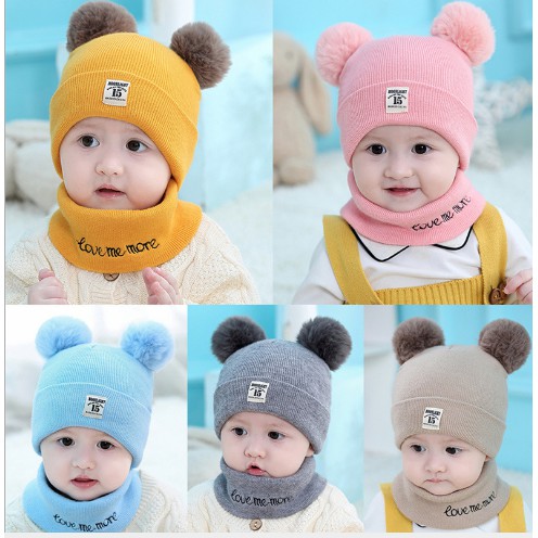 Mũ cho bé 2 quả bông kèm khăn ống - Mã CJ60 , mũ len cho bé từ 3 tháng đến 3 tuổi
