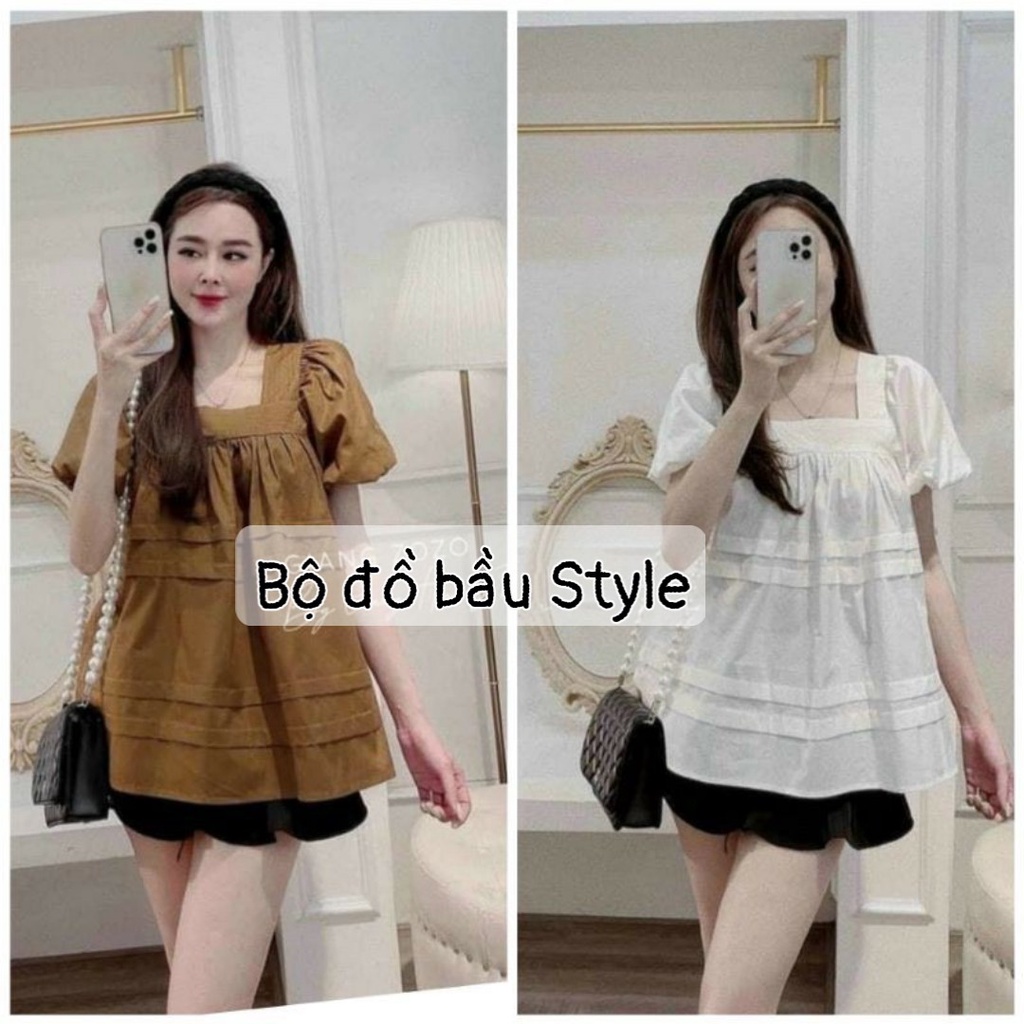 Áo bầu dáng suông chất đũi mềm mát cổ vuông xinh xắn mặc bầu và sau sinh A18