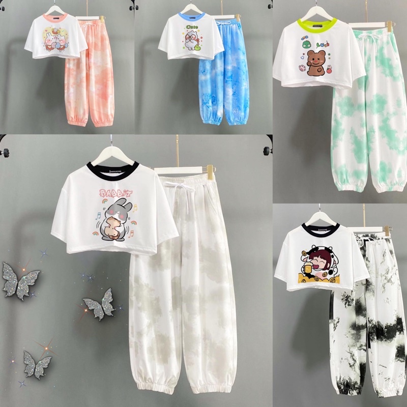 Sét Bộ Áo  CropTop Tay Ngắn Viền Cổ Quần Jogger 3D Loang Màu Ảnh Thật