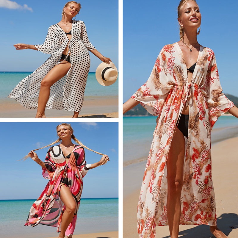 Áo Khoác Cardigan Đi Biển Dáng Rộng In Họa Tiết Phối Dây Rút Thời Trang Mùa Hè Quyến Rũ Cho Nữ DN0790