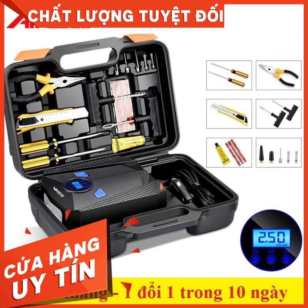 Bơm lốp ô tô, xe hơi điện tử AIKESI - kèm hộp công cụ trọn bộ cứu lốp (BH - 1 đổi 1)