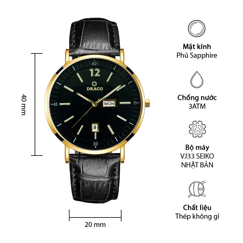 Đồng hồ nam Draco D21-St01 &quot;The First Boy&quot; VÀNG ĐEN DÂY DA ĐEN