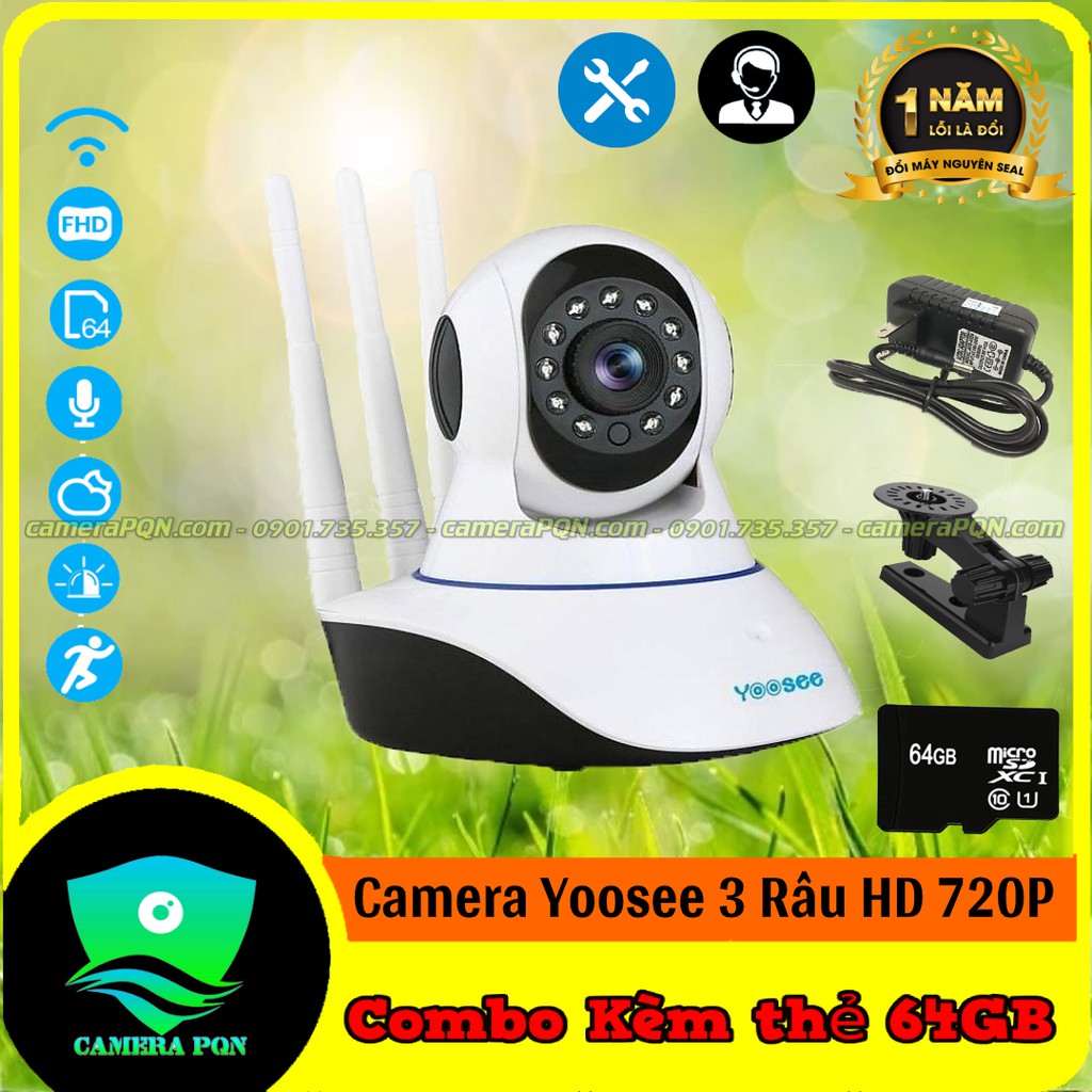 Kèm Thẻ Nhớ 64GB - Camera Yoosee 3 Râu 1.0 HD 720P Siêu Sắc Nét