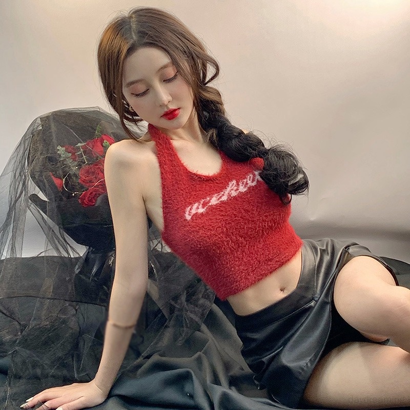 Áo Croptop Lông Cừu Hai Dây Dáng Ôm Hở Lưng Gợi Cảm Cho Nữ
