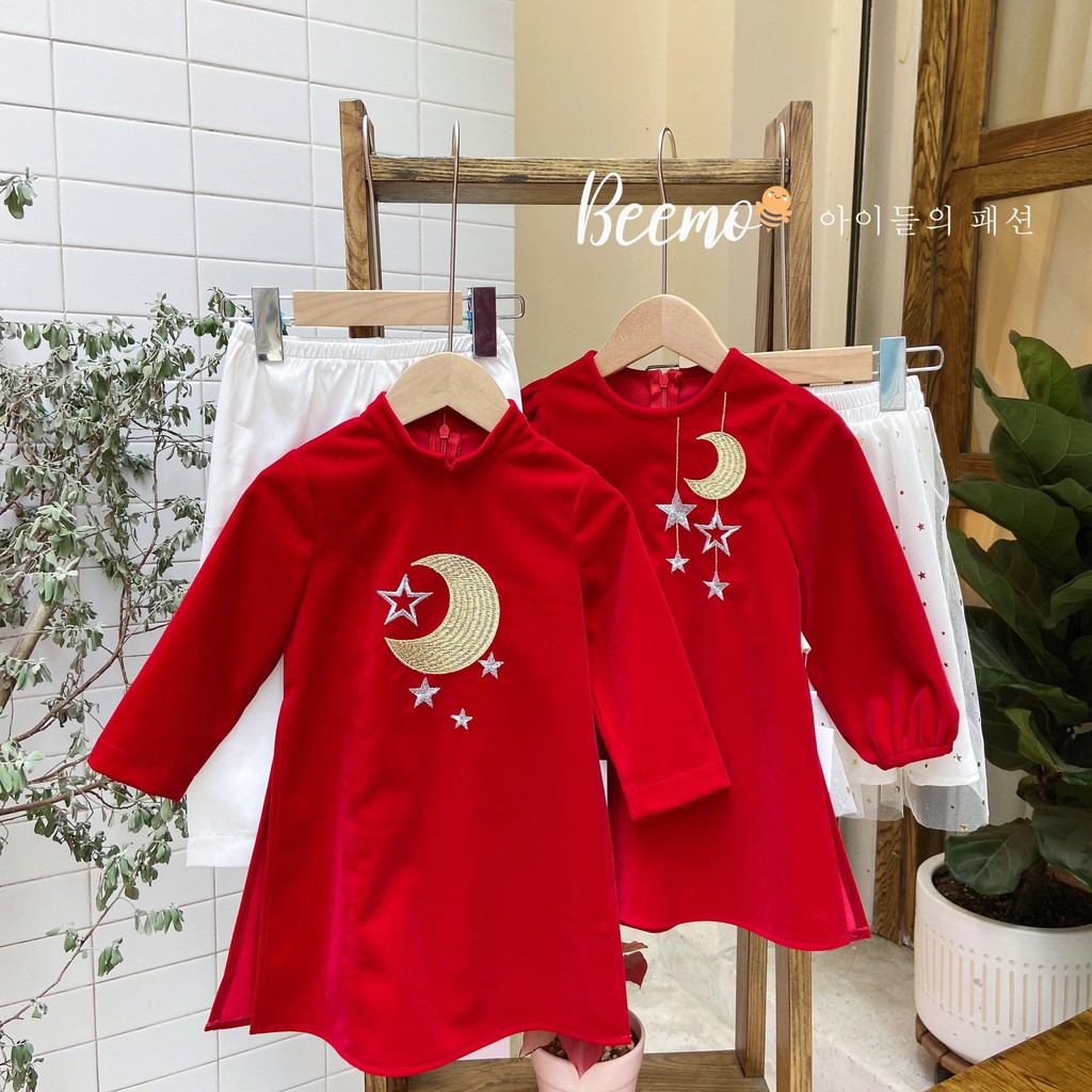 Set áo dài nhung đỏ thêu trăng sao GELU KIDS áo dài đôi thiết kế cao cấp cho bé trai bé gái