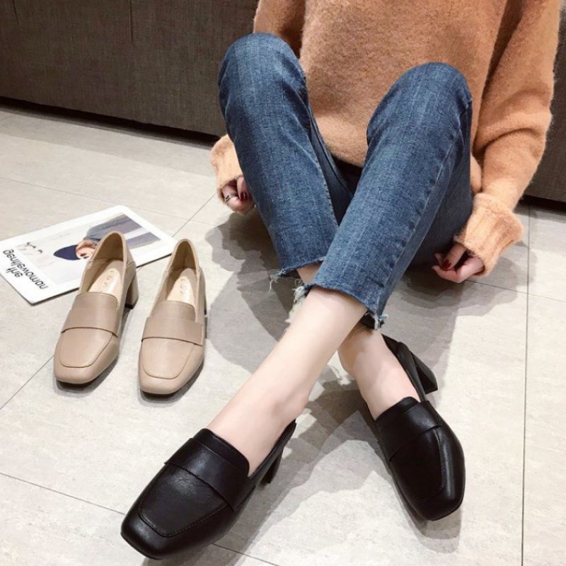 PAMELA  - Giày Loafer Nữ Mũi Vuông Phong Cách Hàn Quốc Quai Trơn 2021 (5cm) - Gi15