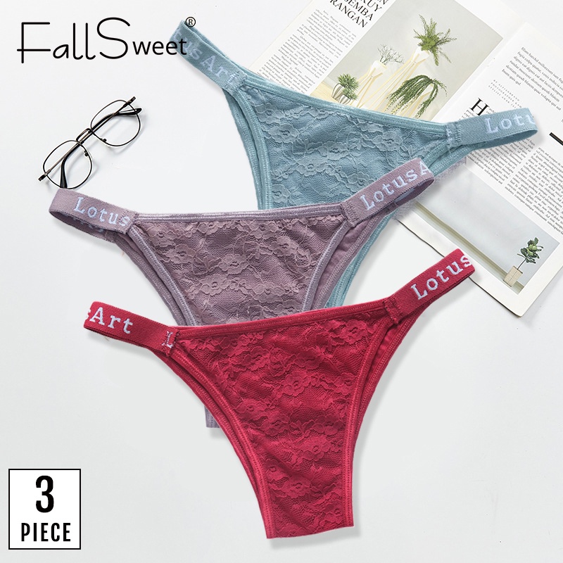 3 quần lót FALLSWEET bằng ren lưng thấp thoáng khí thoải mái size M-XXL tùy chọn