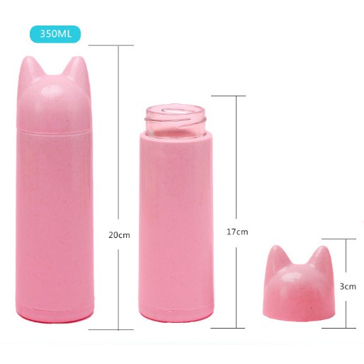 Bình nước tai mèo pastel BN33 giữ nhiệt thuỷ tinh bọc nhựa