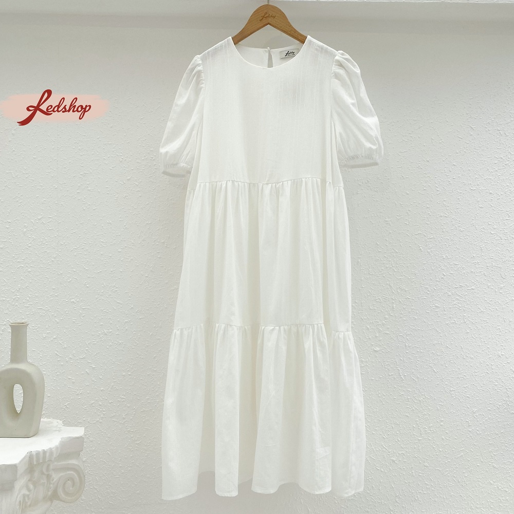 Váy babydoll trắng dáng suông dài cổ tròn tay ngắn phồng xinh xắn  - Red Shop