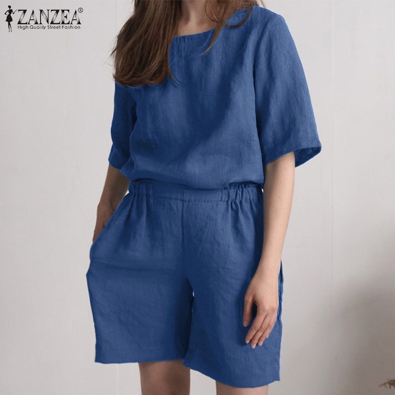 Zanzea Set Áo Thun Tay Lỡ Cổ Tròn + Quần Short Thời Trang Cho Nữ