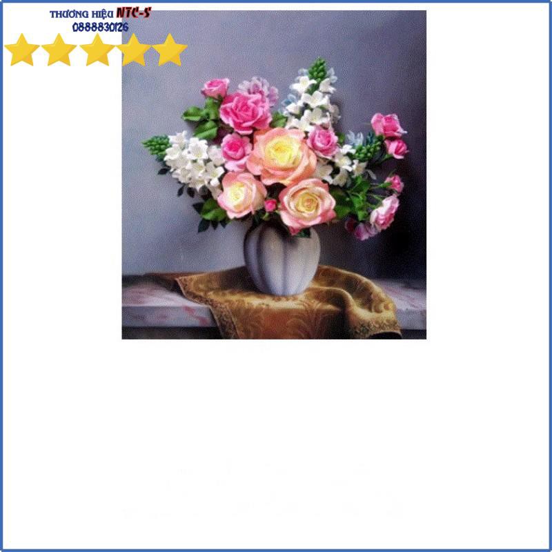 Tranh thêu chữ thập bình hoa mẫu đơn 3D LV3047-Chưa thêu
