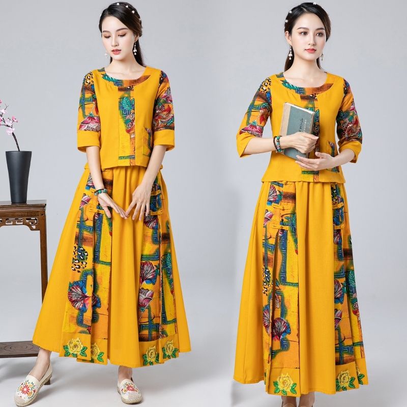 Set Áo + Chân Váy Cotton Lanh In Họa Tiết Phong Cách Dân Tộc Trung Hoa Thời Trang Xuân Hè Dành Cho Bạn Nữ
