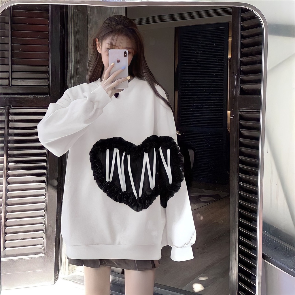 Áo Sweater Nỉ Nữ Trái Tim Viền Ren 🦋 Áo Thun Nữ Dài Tay Dáng Rộng 2 Màu 🦋
