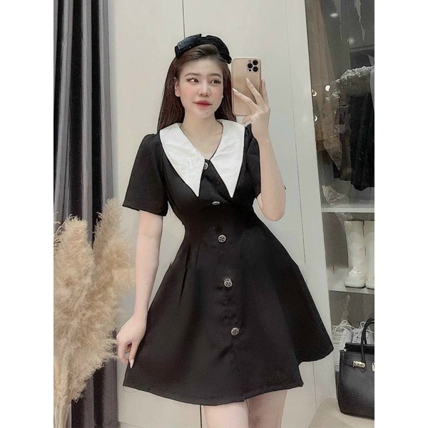Đầm đen cổ trắng nút trước (kèm hình thật) | BigBuy360 - bigbuy360.vn