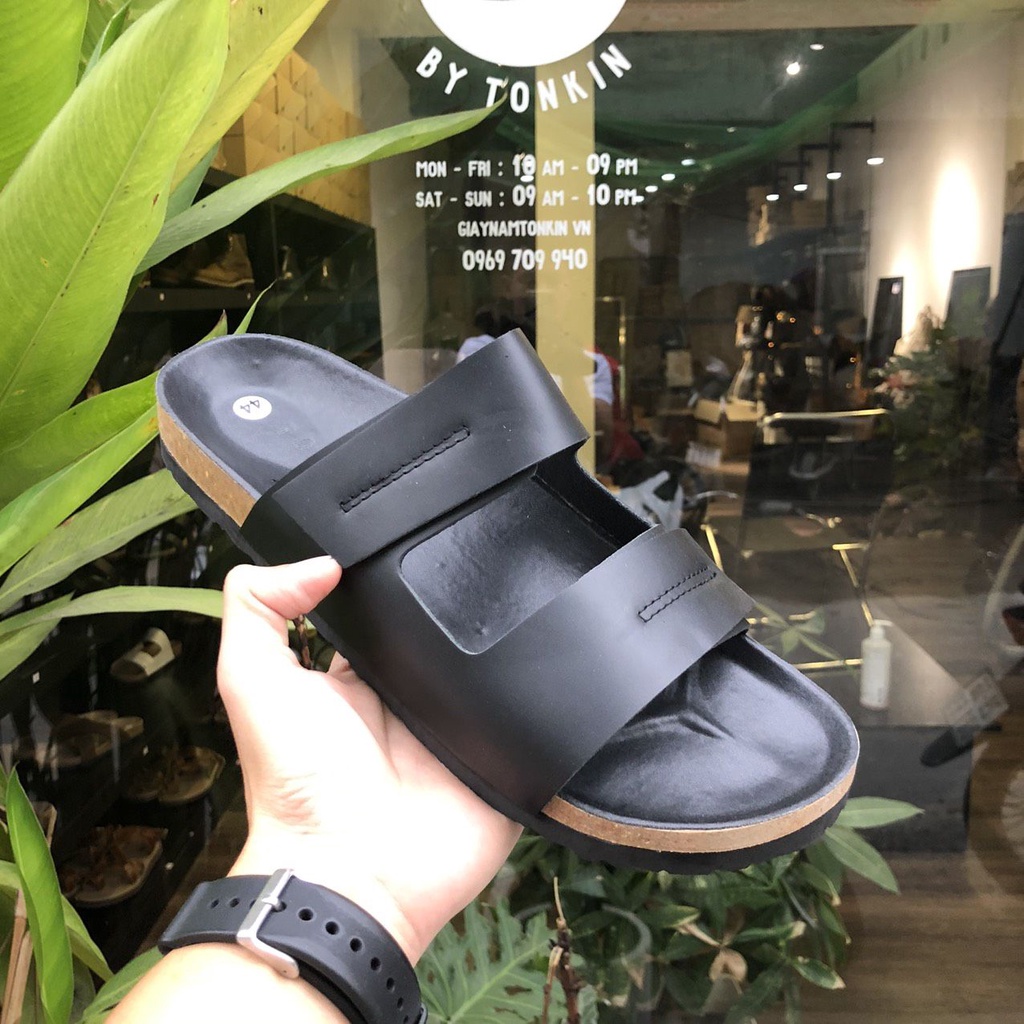 Dép Đế trấu nam BIRKEN STOCK đen QUAI DÁN Da thật 2 lớp unisex CHỐNG THẤM MỒ HÔI chịu nước thương hiệu TONKIN