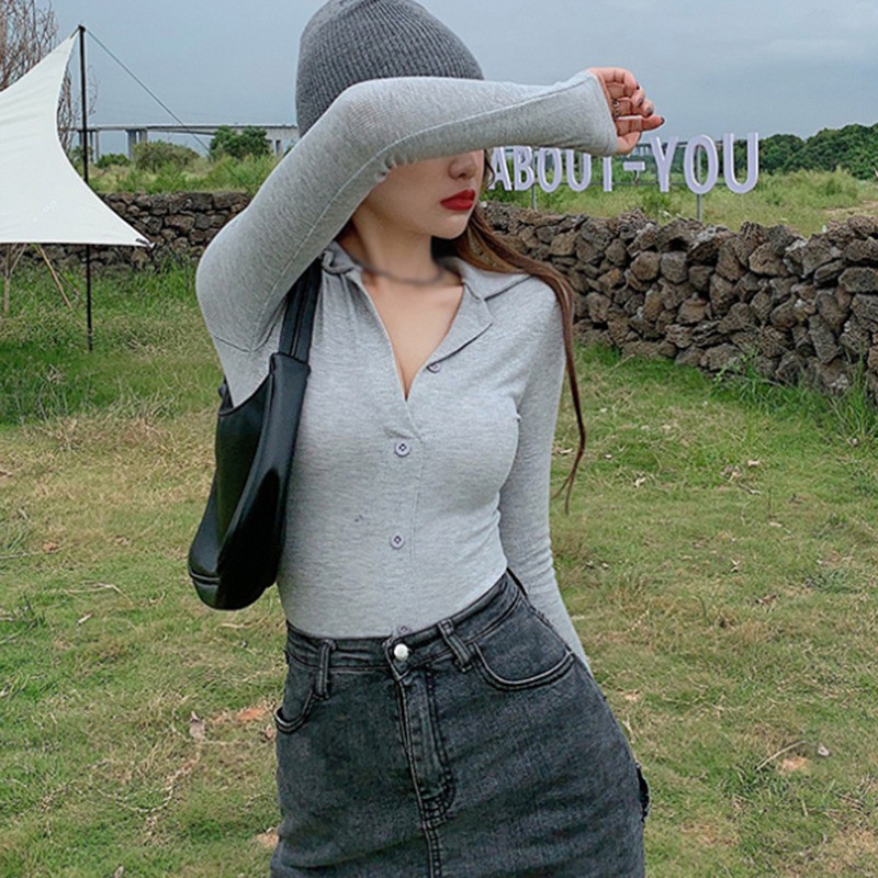 Áo Thun Tay Dài Màu Trơn Thiết Kế Ôm Dáng Thanh Lịch Gợi Cảm Cho Nữ