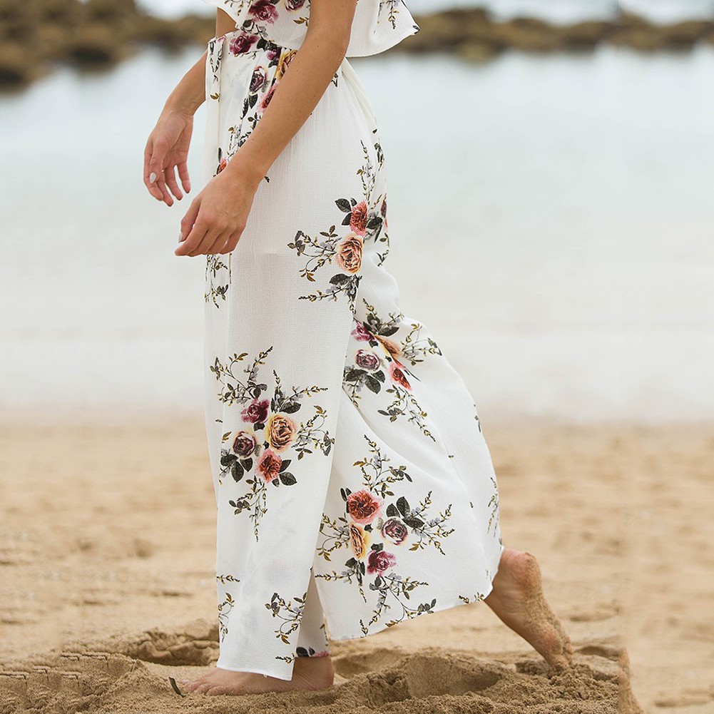 ♔Quần Palazzo Lưng Cao Ống Rộng Hoạ Tiết Hoa Phong Cách Bohomian