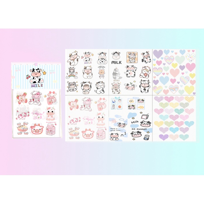 set 6 sticker washi bò sữa S6W9 cute dễ thương hoạt hình ko bế 10x10cm