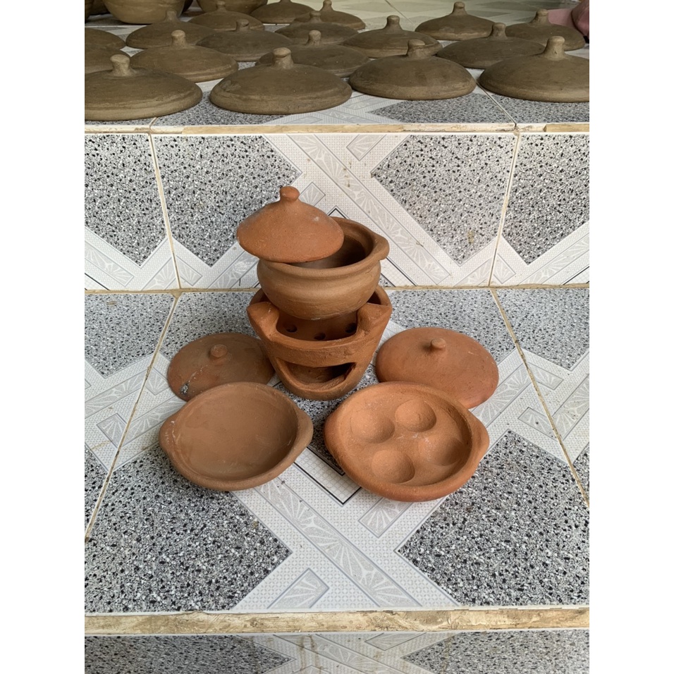 Bộ Lò Đất Và 3 Nồi Đất Mini Gốm Chăm